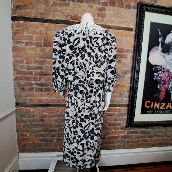 Vintage Lady Carol Dress 1980s Navy Tan Floral Crochet Collar Matching Belt XL - Picture 6 of 8